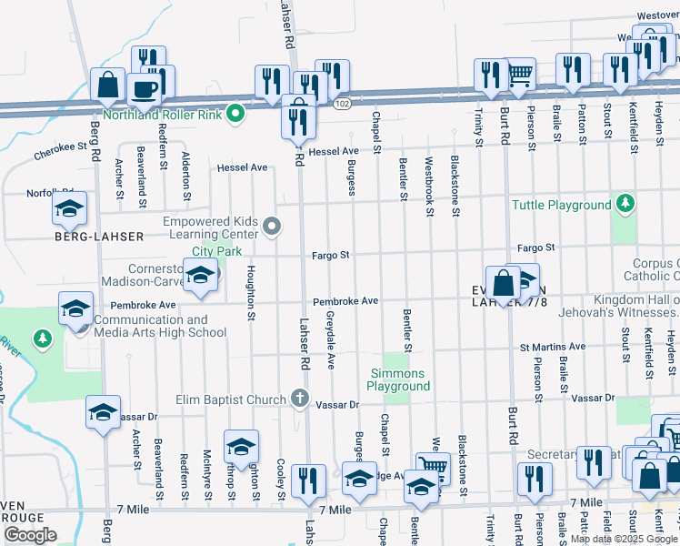 map of restaurants, bars, coffee shops, grocery stores, and more near 20001 Greydale Avenue in Detroit