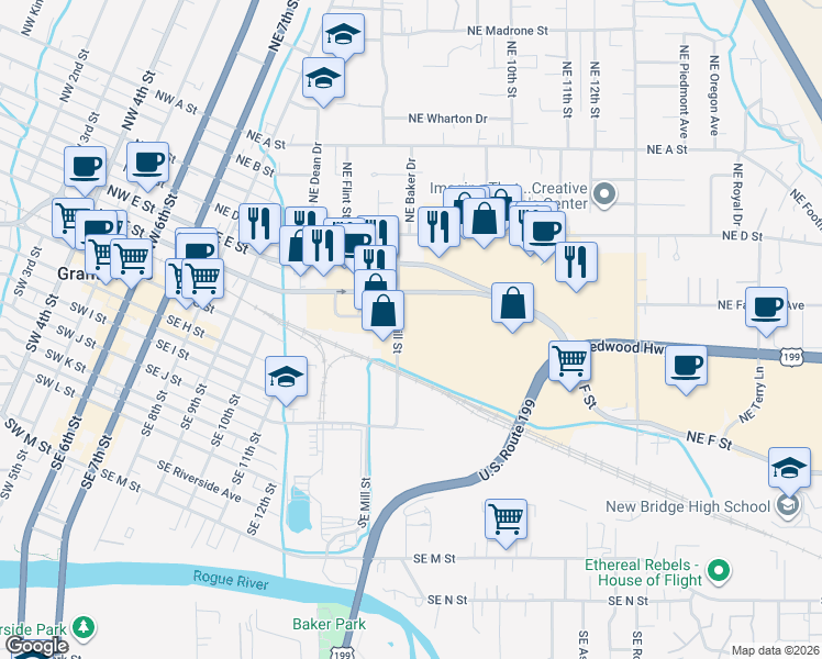map of restaurants, bars, coffee shops, grocery stores, and more near 145 Northeast Mill Street in Grants Pass