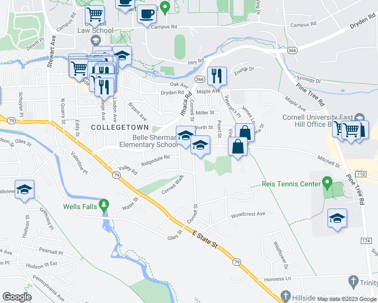 map of restaurants, bars, coffee shops, grocery stores, and more near 501 Mitchell Street in Ithaca