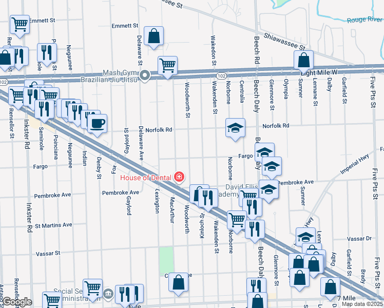 map of restaurants, bars, coffee shops, grocery stores, and more near 20018 Woodworth in Redford Charter Township