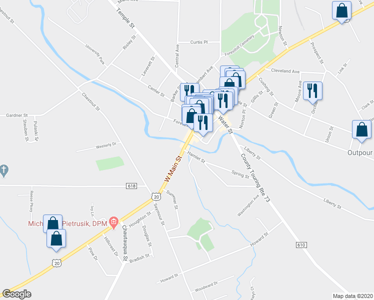 map of restaurants, bars, coffee shops, grocery stores, and more near 100 West Main Street in Fredonia