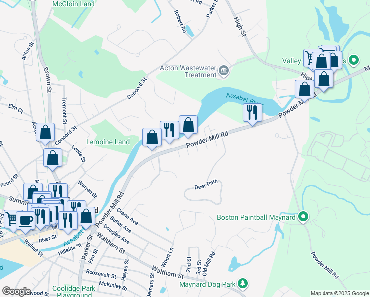 map of restaurants, bars, coffee shops, grocery stores, and more near 94 Powder Mill Road in Maynard