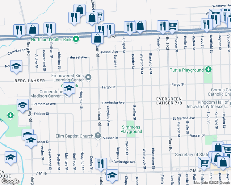 map of restaurants, bars, coffee shops, grocery stores, and more near 19960 Burgess in Detroit