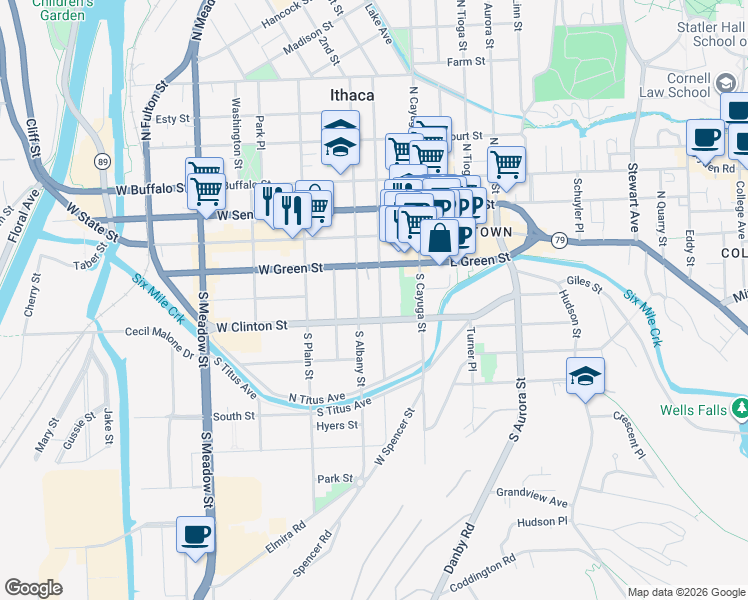 map of restaurants, bars, coffee shops, grocery stores, and more near 211 South Albany Street in Ithaca