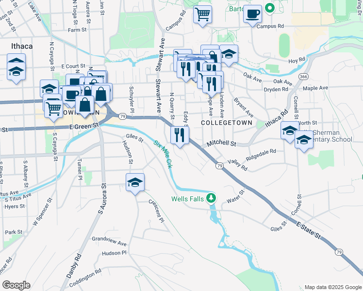 map of restaurants, bars, coffee shops, grocery stores, and more near 115 South Quarry Street in Ithaca
