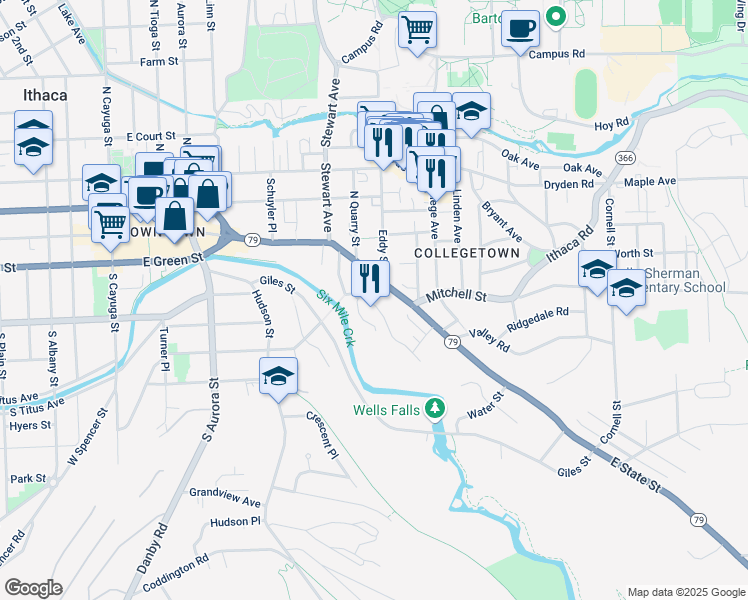 map of restaurants, bars, coffee shops, grocery stores, and more near 115 South Quarry Street in Ithaca