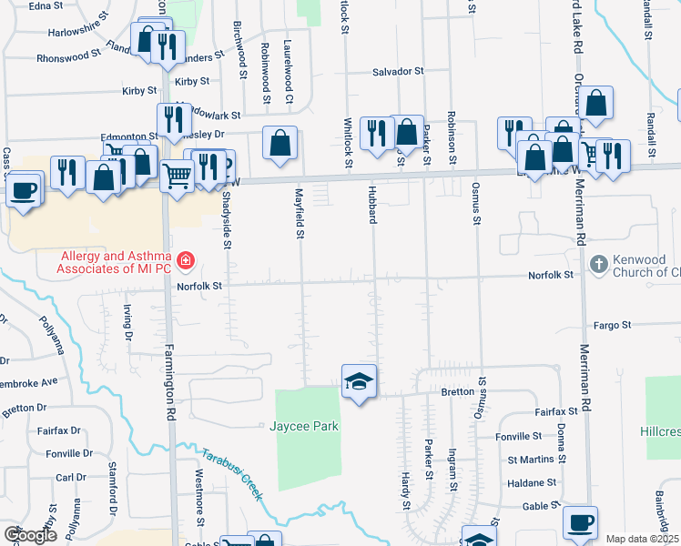 map of restaurants, bars, coffee shops, grocery stores, and more near 32488 Norfolk Street in Livonia