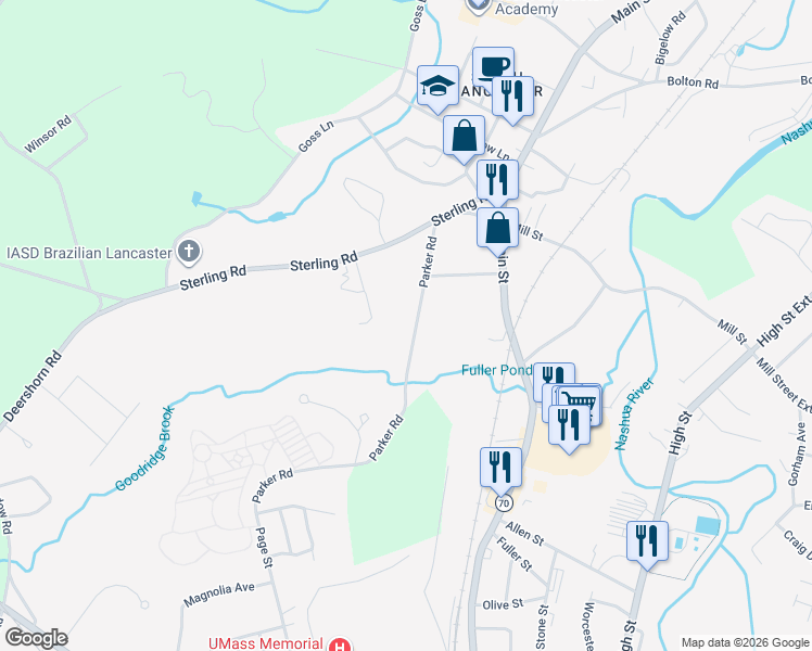 map of restaurants, bars, coffee shops, grocery stores, and more near 101 Parker Road in Lancaster