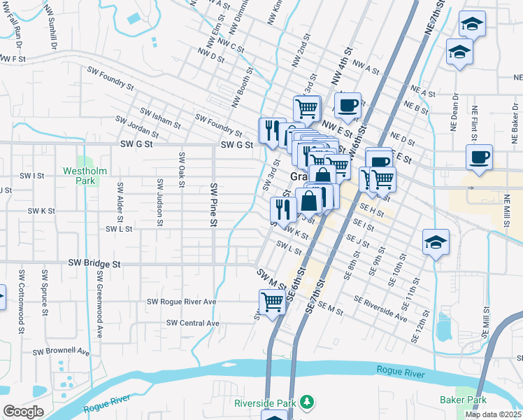 map of restaurants, bars, coffee shops, grocery stores, and more near 322 Southwest K Street in Grants Pass
