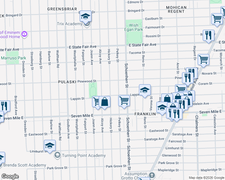 map of restaurants, bars, coffee shops, grocery stores, and more near 19334 Hickory Street in Detroit