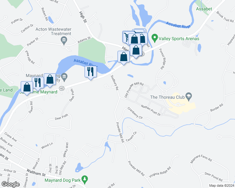map of restaurants, bars, coffee shops, grocery stores, and more near 187 Sudbury Road in Acton