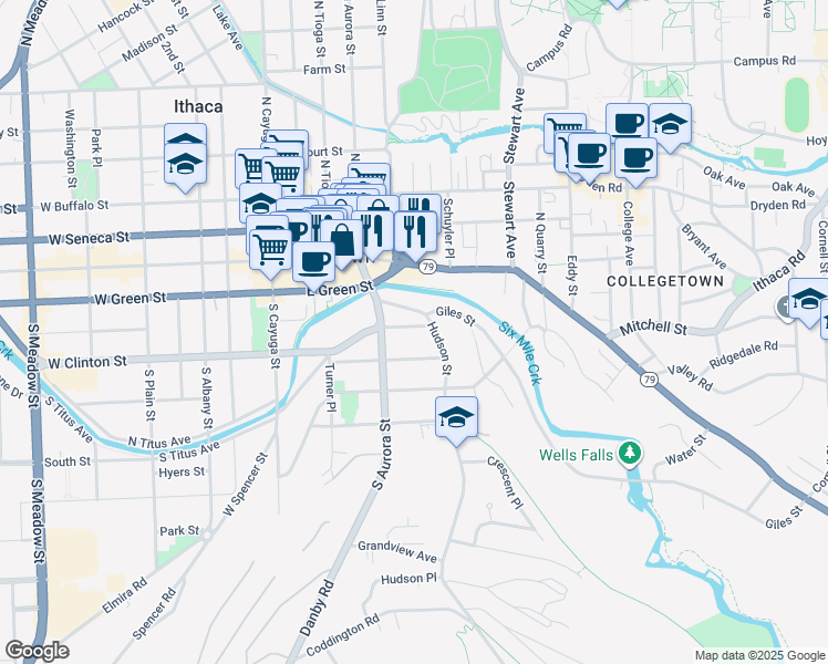 map of restaurants, bars, coffee shops, grocery stores, and more near 114 Hudson Street in Ithaca