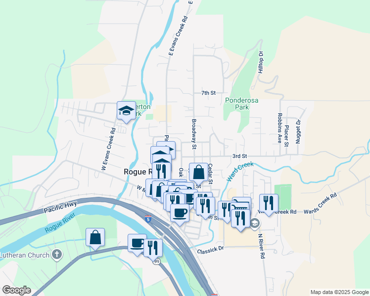 map of restaurants, bars, coffee shops, grocery stores, and more near 215 4th Street in Rogue River