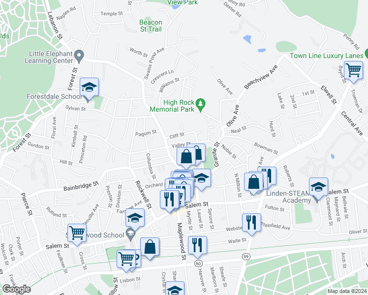 map of restaurants, bars, coffee shops, grocery stores, and more near 25 Cliff Street in Malden