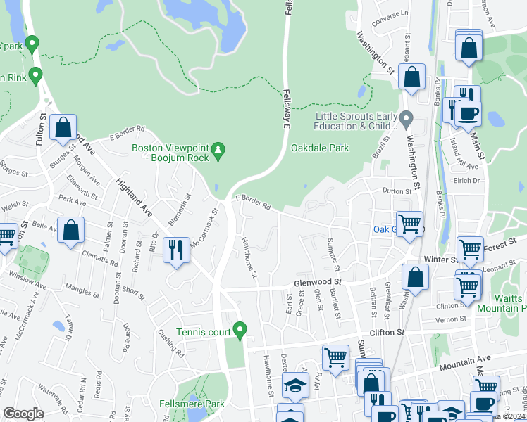 map of restaurants, bars, coffee shops, grocery stores, and more near 98 East Border Road in Malden