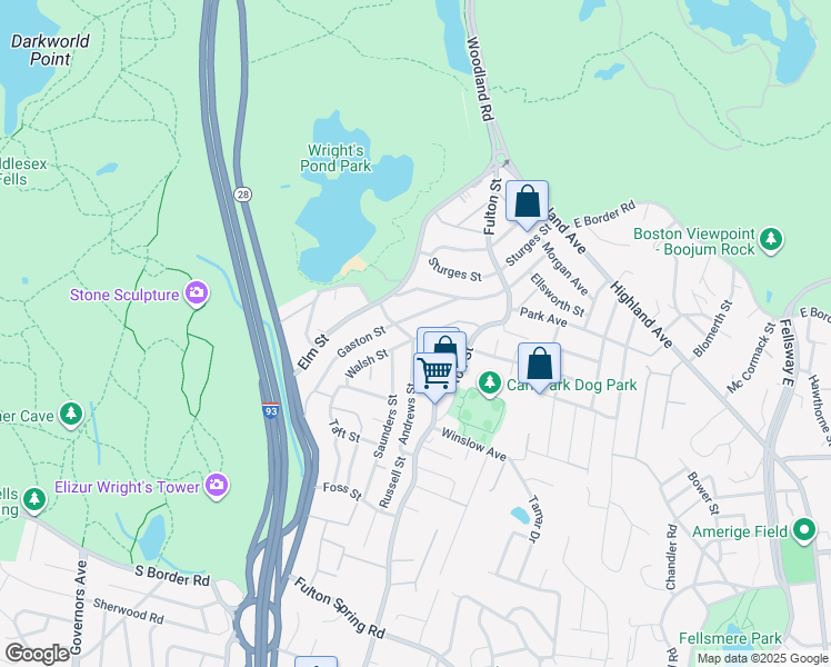 map of restaurants, bars, coffee shops, grocery stores, and more near 141 Gaston Street in Medford