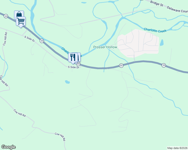 map of restaurants, bars, coffee shops, grocery stores, and more near 7536 Highway 23 in Oneonta