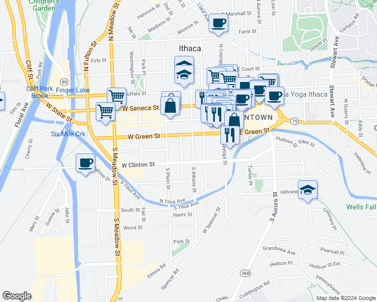 map of restaurants, bars, coffee shops, grocery stores, and more near 211 South Albany Street in Ithaca