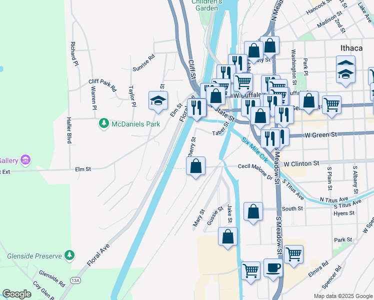 map of restaurants, bars, coffee shops, grocery stores, and more near 233-251 Floral Avenue in Ithaca