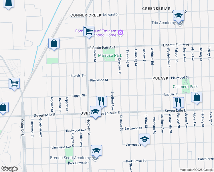 map of restaurants, bars, coffee shops, grocery stores, and more near 19419 Annott Avenue in Detroit