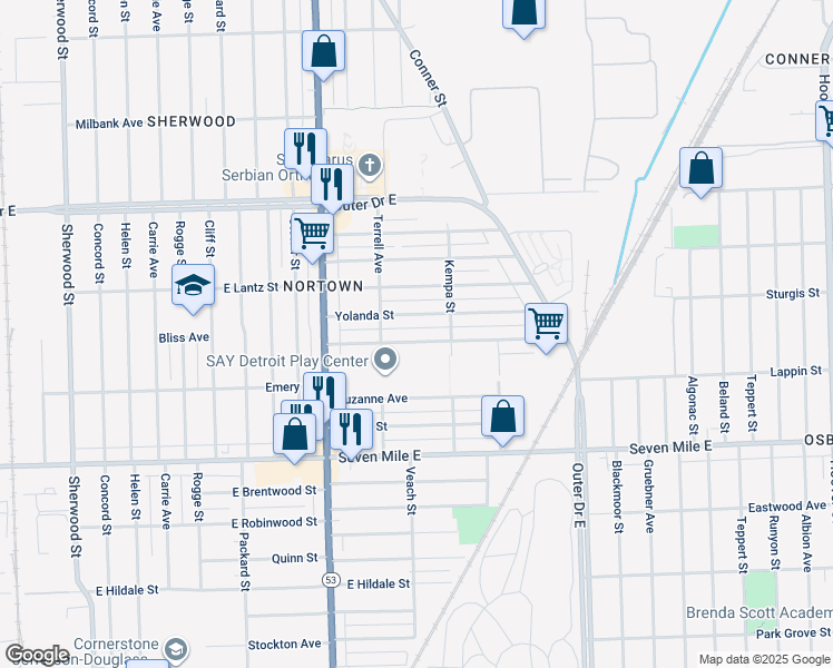 map of restaurants, bars, coffee shops, grocery stores, and more near 8180 Yolanda Street in Detroit