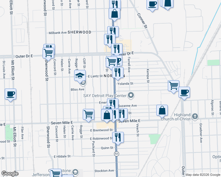 map of restaurants, bars, coffee shops, grocery stores, and more near 19436 Stotter Street in Detroit