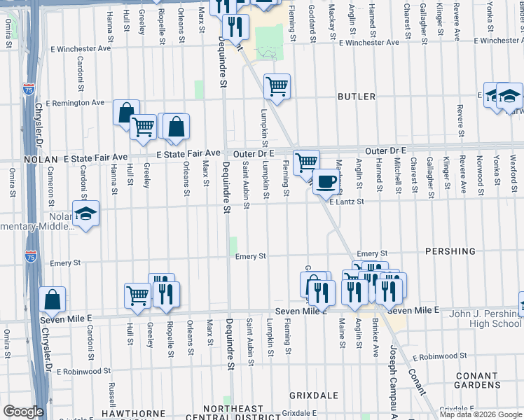 map of restaurants, bars, coffee shops, grocery stores, and more near 19606 Lumpkin Street in Detroit