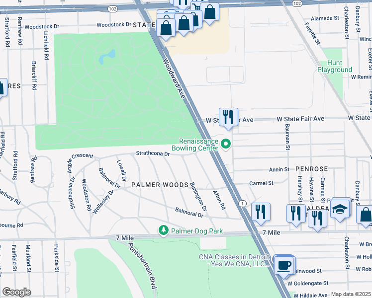 map of restaurants, bars, coffee shops, grocery stores, and more near 1280 Strathcona Drive in Detroit