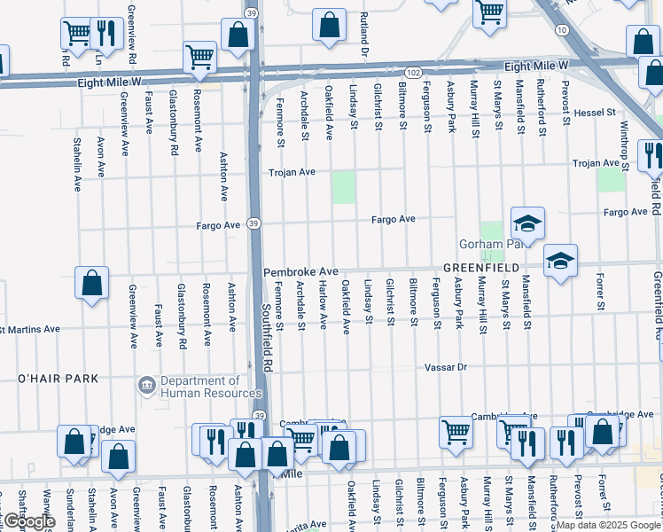 map of restaurants, bars, coffee shops, grocery stores, and more near 19930 Oakfield Avenue in Detroit