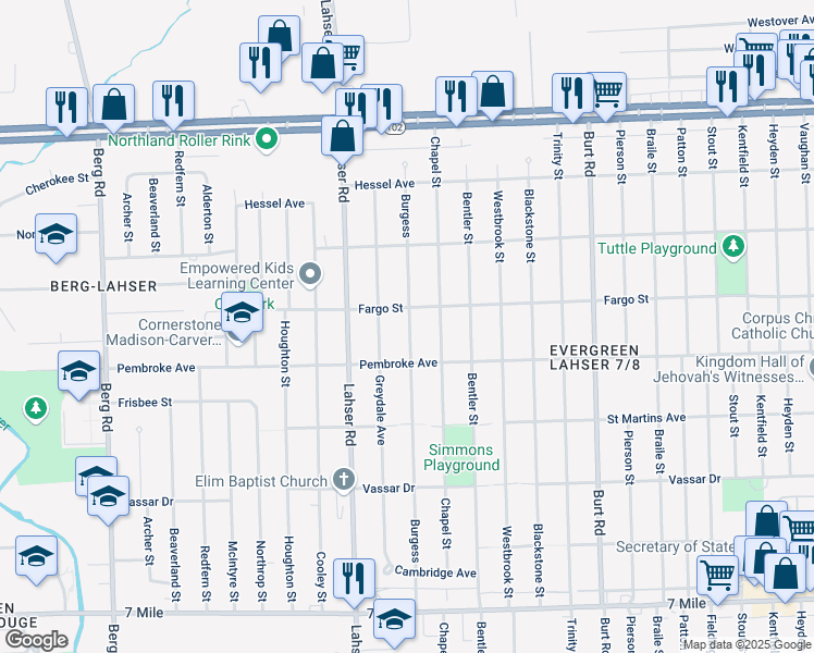 map of restaurants, bars, coffee shops, grocery stores, and more near 19960 Burgess in Detroit