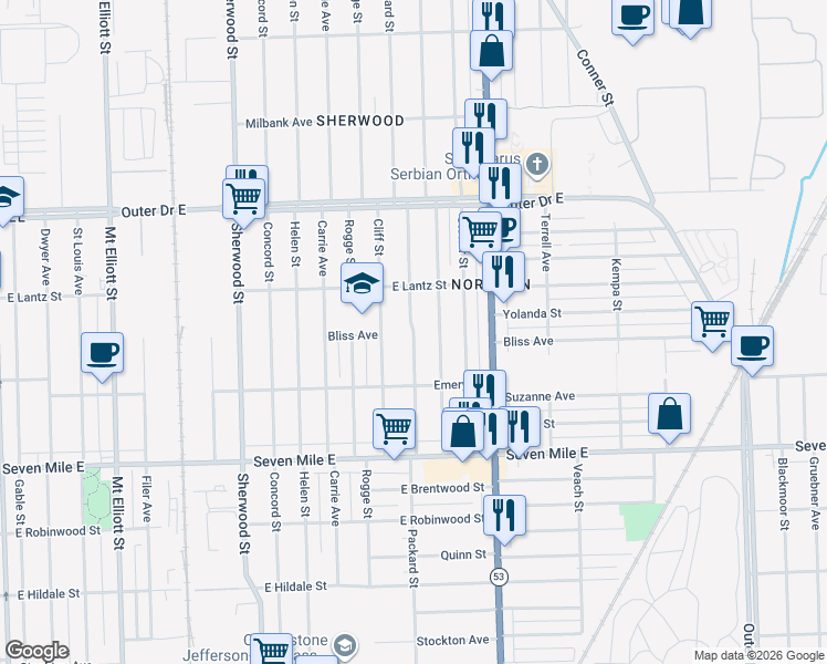 map of restaurants, bars, coffee shops, grocery stores, and more near Packard Street in Detroit
