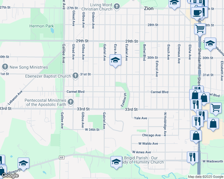 map of restaurants, bars, coffee shops, grocery stores, and more near 1910 Carmel Boulevard in Zion