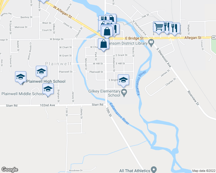 map of restaurants, bars, coffee shops, grocery stores, and more near 621 South Main Street in Plainwell