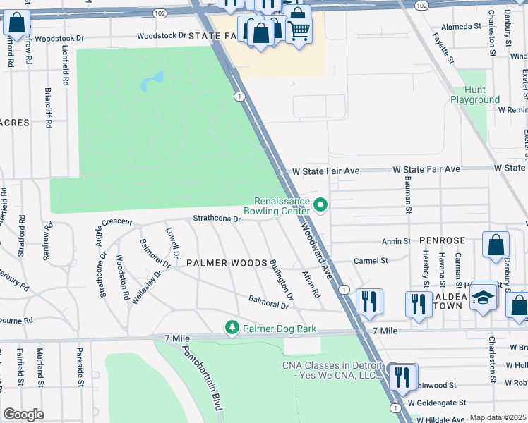 map of restaurants, bars, coffee shops, grocery stores, and more near 1280 Strathcona Drive in Detroit