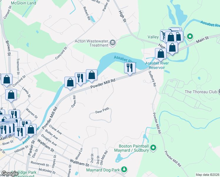 map of restaurants, bars, coffee shops, grocery stores, and more near 2 Woodbine Terrace in Maynard