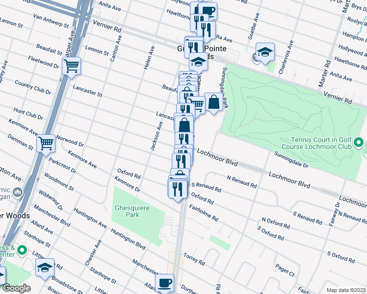 map of restaurants, bars, coffee shops, grocery stores, and more near 20343 Mack Ave in Grosse Pointe Woods