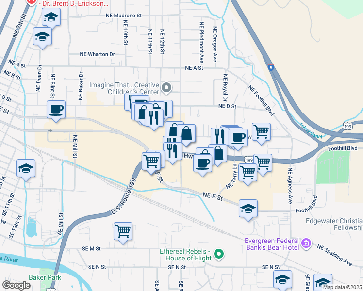 map of restaurants, bars, coffee shops, grocery stores, and more near 229 Northeast Beacon Drive in Grants Pass