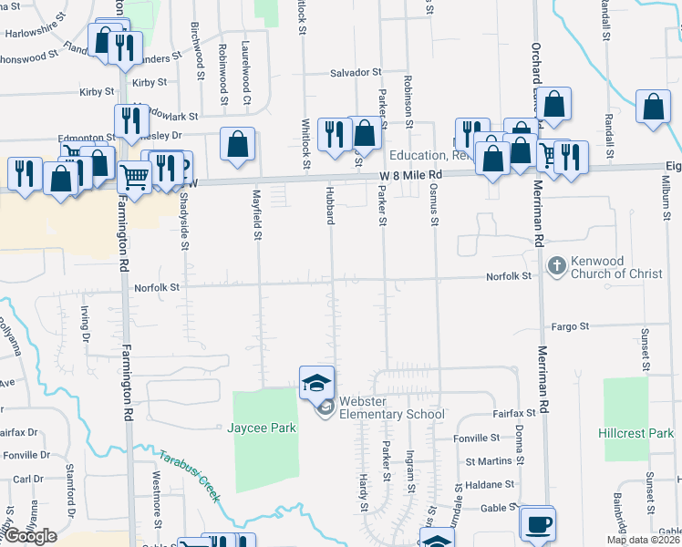 map of restaurants, bars, coffee shops, grocery stores, and more near 20300 Hubbard in Livonia