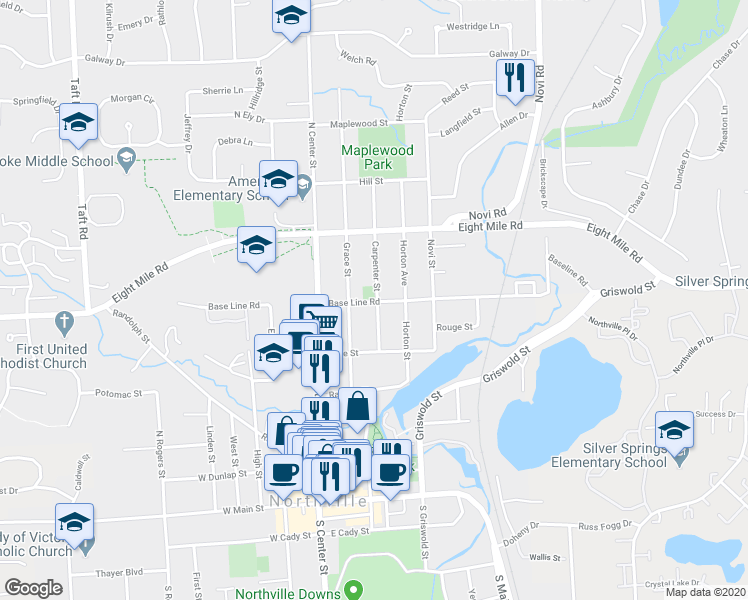 map of restaurants, bars, coffee shops, grocery stores, and more near 201 Base Line Road in Northville