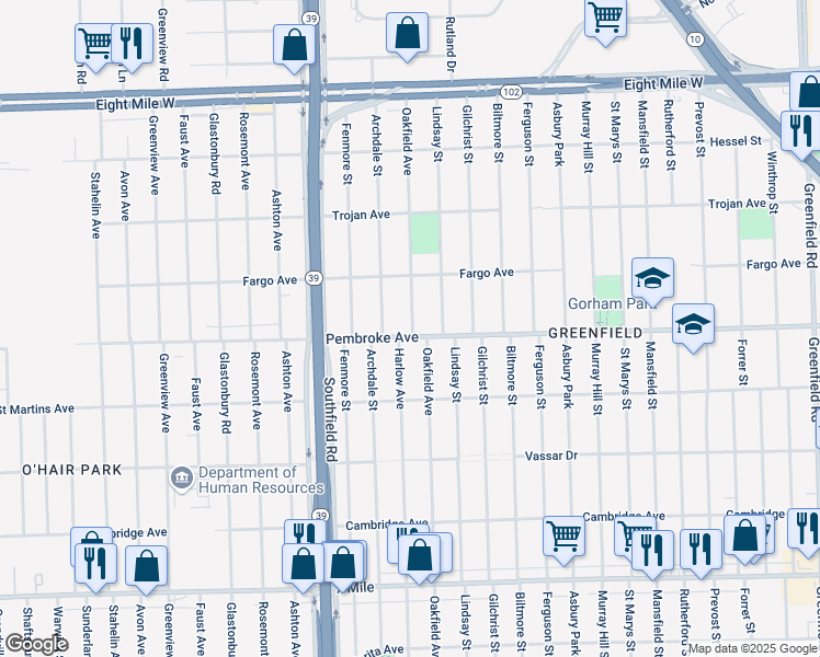 map of restaurants, bars, coffee shops, grocery stores, and more near 19930 Oakfield Avenue in Detroit