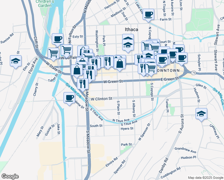 map of restaurants, bars, coffee shops, grocery stores, and more near 116 Cleveland Avenue in Ithaca