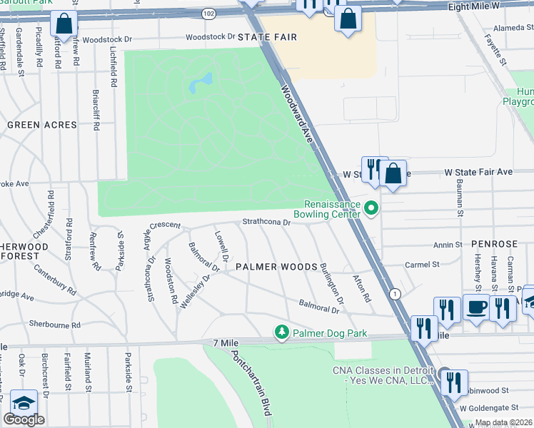 map of restaurants, bars, coffee shops, grocery stores, and more near 1520 Strathcona Drive in Detroit