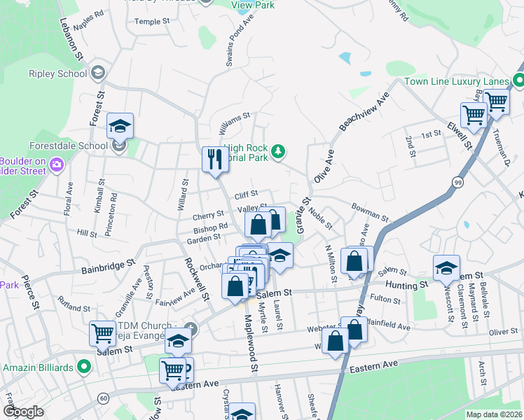 map of restaurants, bars, coffee shops, grocery stores, and more near 75 Cliff Street in Malden