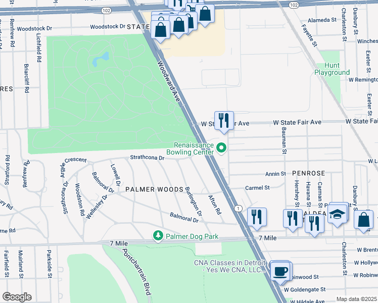 map of restaurants, bars, coffee shops, grocery stores, and more near 1280 Strathcona Drive in Detroit