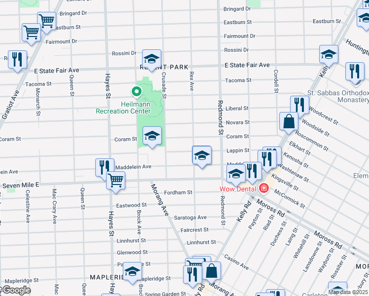 map of restaurants, bars, coffee shops, grocery stores, and more near 15682 Coram Street in Detroit