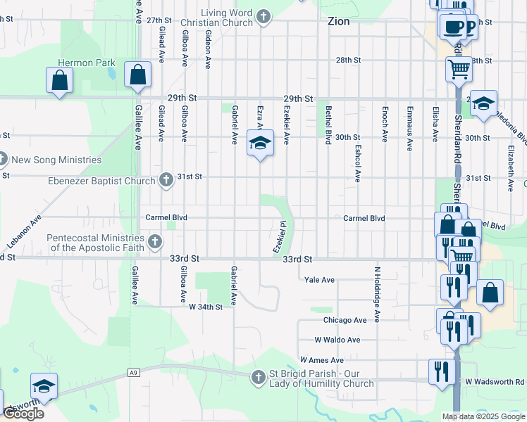map of restaurants, bars, coffee shops, grocery stores, and more near 1828 Carmel Boulevard in Zion