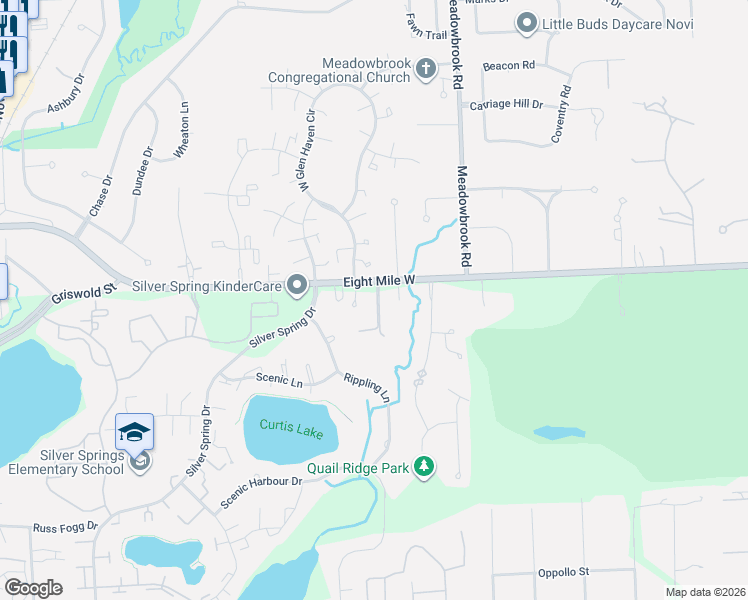 map of restaurants, bars, coffee shops, grocery stores, and more near 41801 Eight Mile Road in Northville