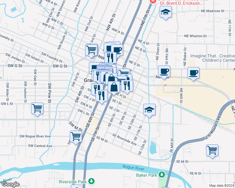 map of restaurants, bars, coffee shops, grocery stores, and more near 240 Southeast H Street in Grants Pass