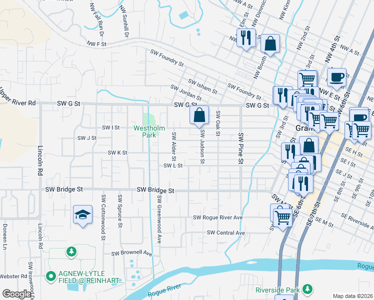 map of restaurants, bars, coffee shops, grocery stores, and more near 1003 Southwest J Street in Grants Pass