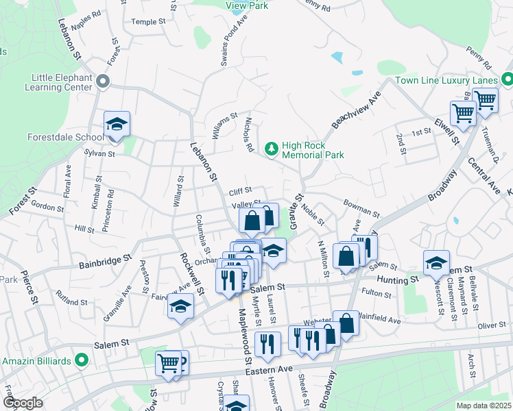 map of restaurants, bars, coffee shops, grocery stores, and more near 75 Cliff Street in Malden